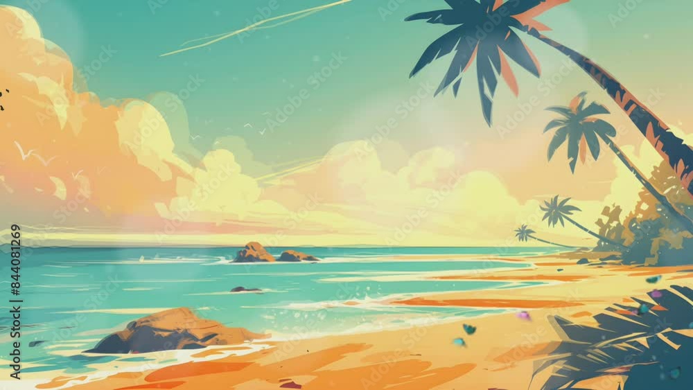 A tranquil tropical beach with palm trees, clear blue skies, and turquoise waters, evoking a sense of peace and escape A tranquil tropical beach with palm trees, clear blue skies, and turquoise waters, evoking a sense of peace and escape