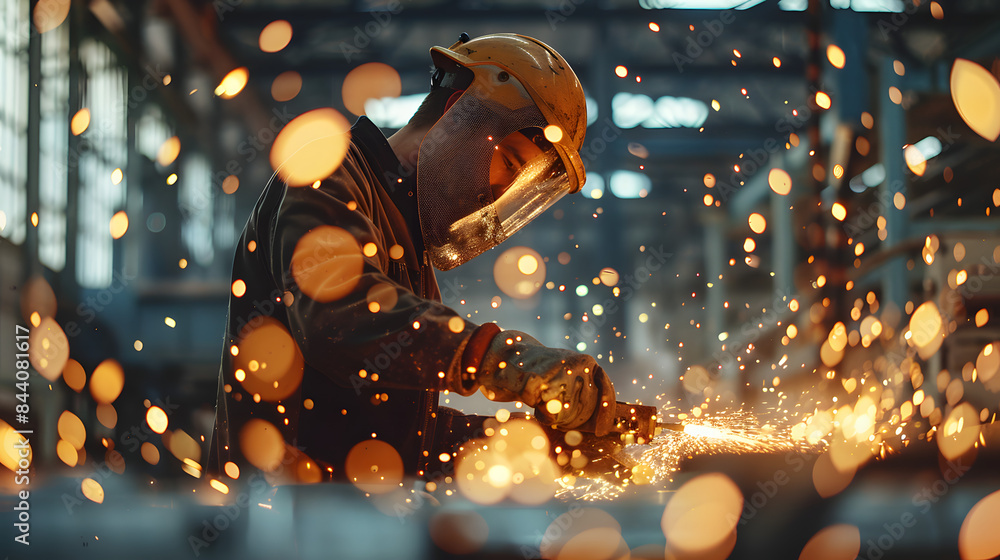 A worker in an industrial setting is using an angle grinder. Winter working with sparks flying around him A worker in an industrial setting is using an angle grinder. Winter working with sparks flying around him