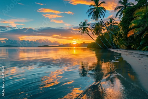 Sunset over a tropical beach with palm trees: Stunning orange sunset reflecting on the calm waters of a tropical beach, surrounded by lush palm trees, blue sky