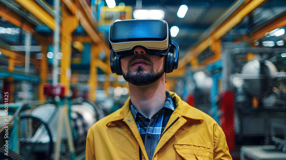 A worker wearing a VR headset and working in an industrial factory A worker wearing a VR headset and working in an industrial factory