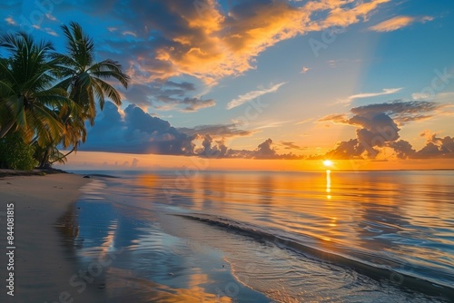 Sunset over a tropical beach with palm trees  Stunning orange sunset reflecting on the calm waters of a tropical beach  surrounded by lush palm trees  blue sky