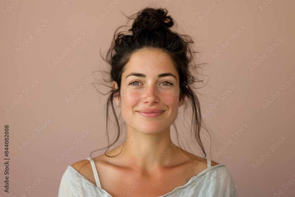 A close up portrait of a young woman with a subtle smile A close up portrait of a young woman with a subtle smile