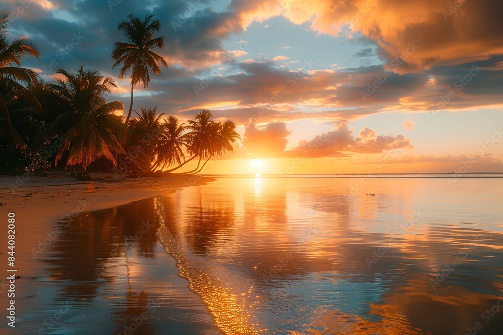 Sunset over a tropical beach with palm trees: Stunning orange sunset reflecting on the calm waters of a tropical beach, surrounded by lush palm trees.