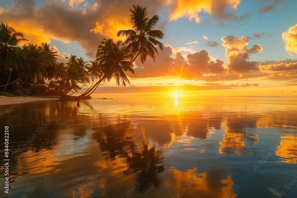 Sunset over a tropical beach with palm trees: Stunning orange sunset reflecting on the calm waters of a tropical beach, surrounded by lush palm trees. Sunset over a tropical beach with palm trees: Stunning orange sunset reflecting on the calm waters of a tropical beach, surrounded by lush palm trees.