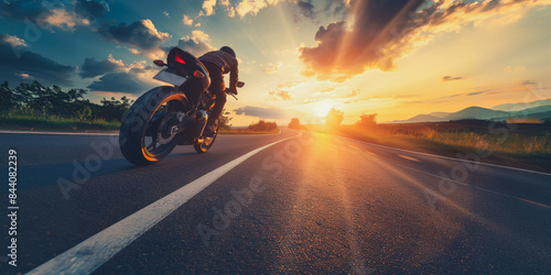 Motorcyclist riding on sunlit road with scenic view © Mr. Stocker