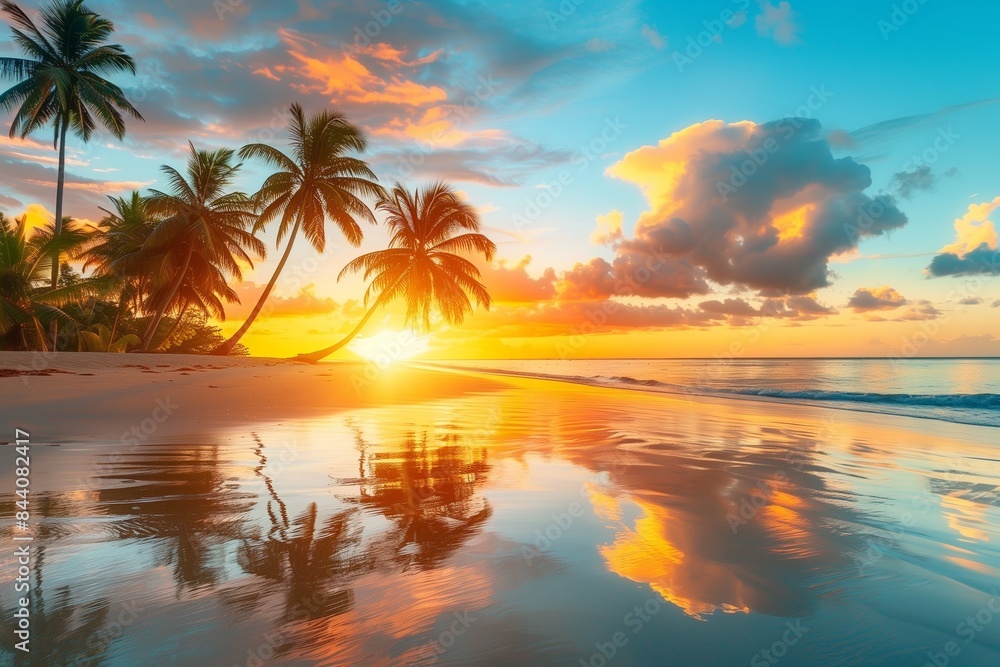 Sunset over a tropical beach with palm trees: Stunning orange sunset reflecting on the calm waters of a tropical beach, surrounded by lush palm trees, blue sky