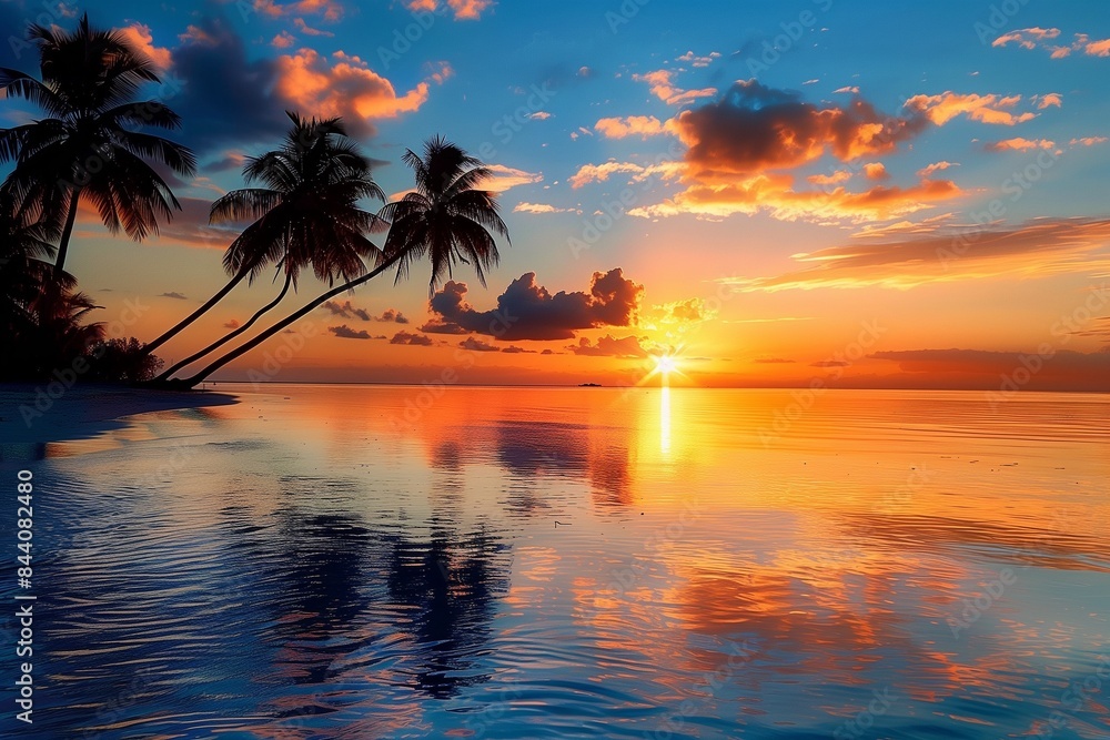 Sunset over a tropical beach with palm trees: Stunning orange sunset reflecting on the calm waters of a tropical beach, surrounded by lush palm trees, blue sky Sunset over a tropical beach with palm trees: Stunning orange sunset reflecting on the calm waters of a tropical beach, surrounded by lush palm trees, blue sky