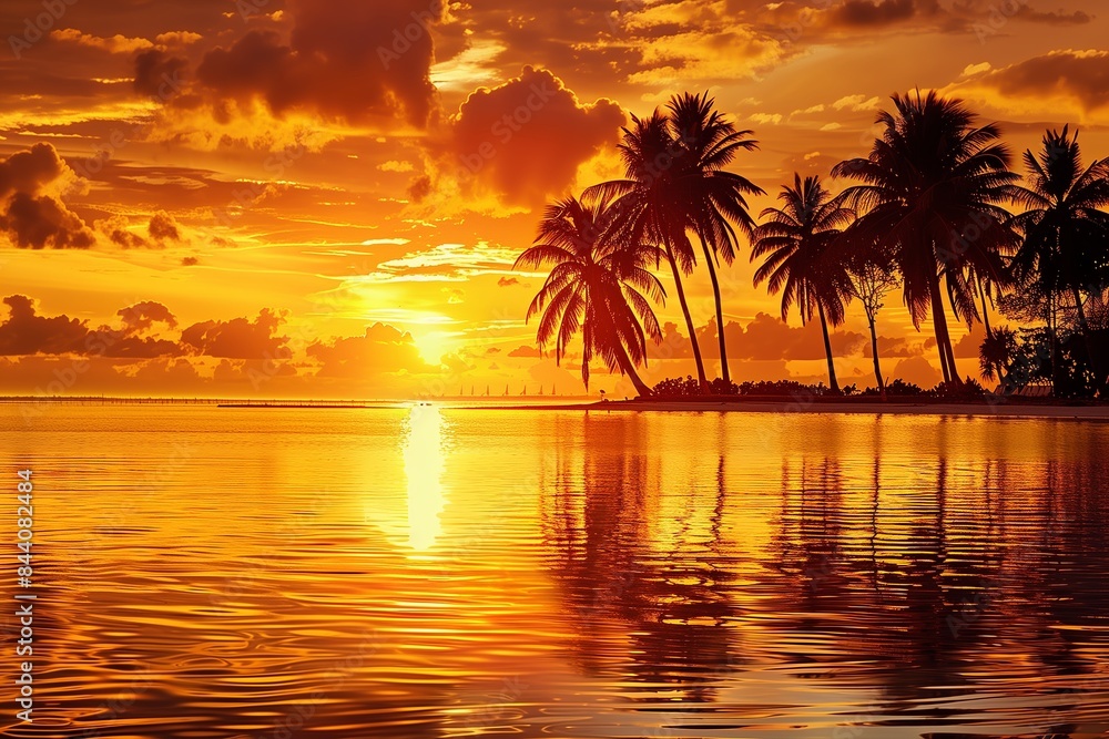 Sunset over a tropical beach with palm trees: Stunning orange sunset reflecting on the calm waters of a tropical beach, surrounded by lush palm trees. Sunset over a tropical beach with palm trees: Stunning orange sunset reflecting on the calm waters of a tropical beach, surrounded by lush palm trees.