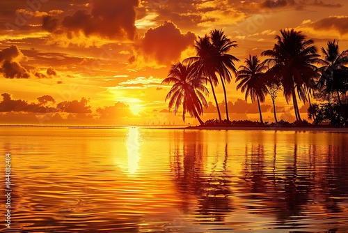 Sunset over a tropical beach with palm trees  Stunning orange sunset reflecting on the calm waters of a tropical beach  surrounded by lush palm trees.