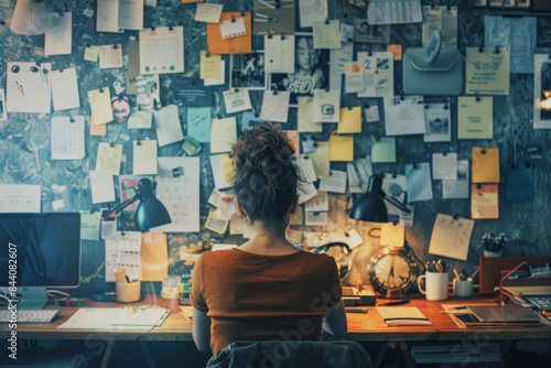 Person at a desk facing a wall of notes, cluttered mind and information overload concept