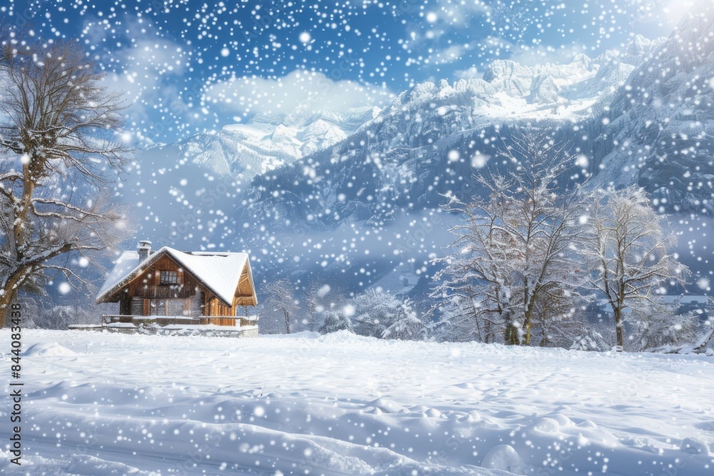 A snowy winter landscape with a cozy cabin A snowy winter landscape with a cozy cabin