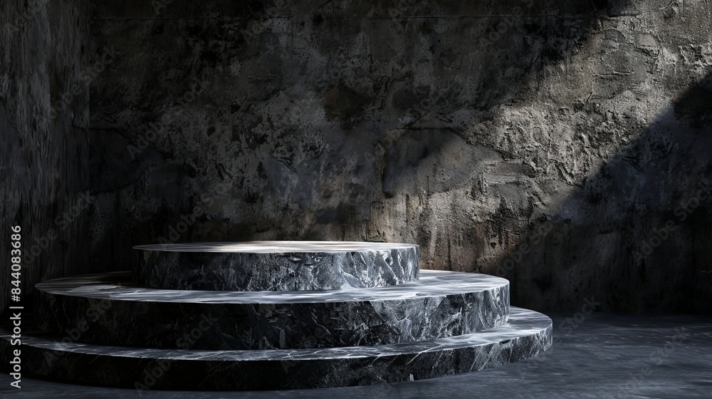 Stone Podium with Dramatic Shadows and Textured Background Stone Podium with Dramatic Shadows and Textured Background