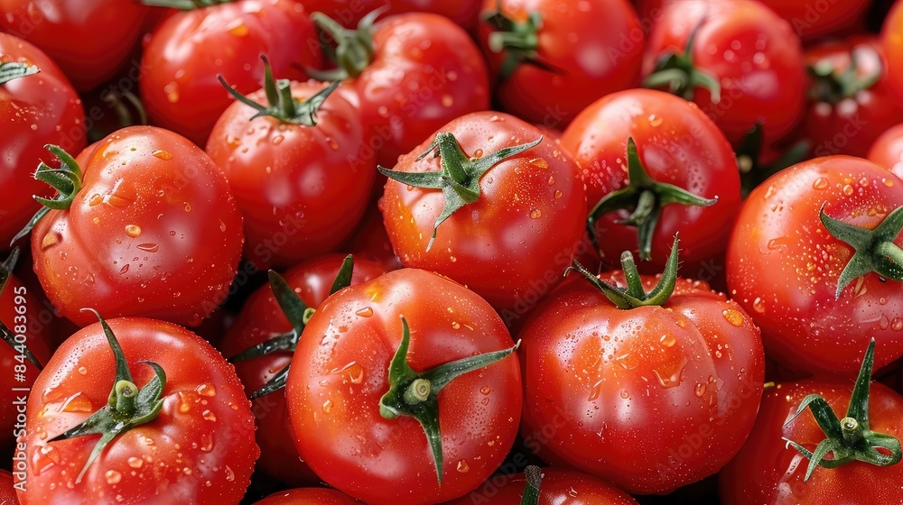 Juicy tomatoes with green stems, arranged closely together for a fresh background Juicy tomatoes with green stems, arranged closely together for a fresh background