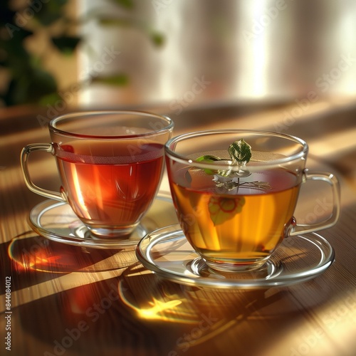 Two cups of herbal tea with mint on a table in a cafe. Sun rays