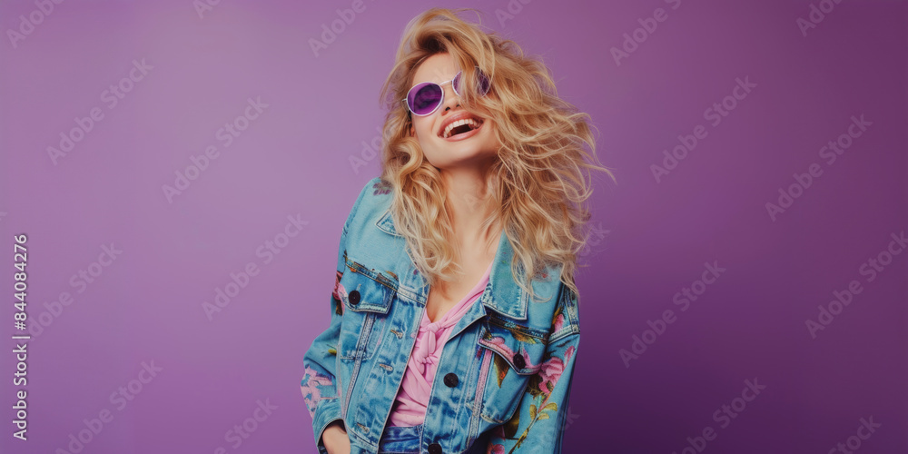 Fashionable woman in denim jacket with purple sunglasses Fashionable woman in denim jacket with purple sunglasses
