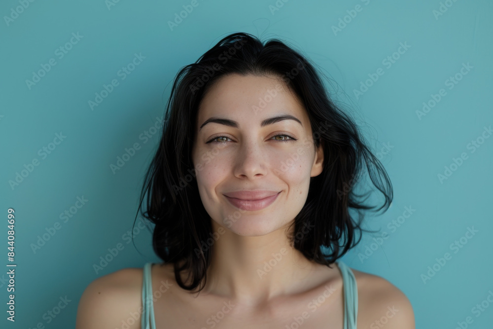 A close up portrait of a young woman with a subtle smile A close up portrait of a young woman with a subtle smile