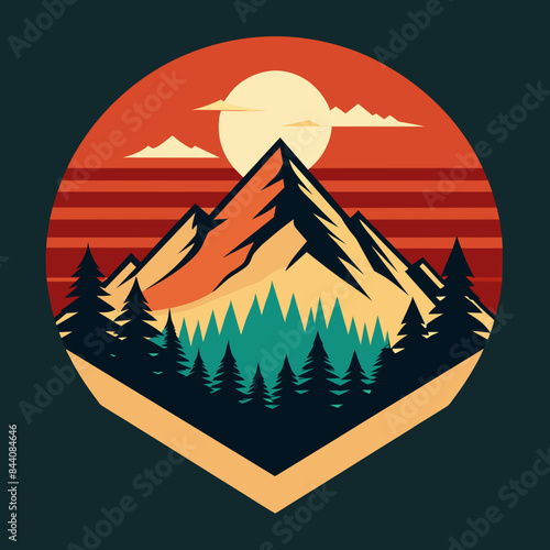 mountain and forest illustration with retro style for t-shirt design