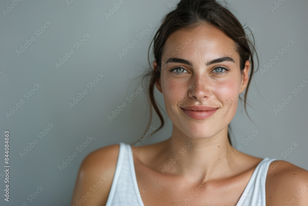 A close up portrait of a young woman with a subtle smile A close up portrait of a young woman with a subtle smile