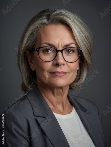 A professional headshot of a mature woman with gray hair wearing glasses and a gray blazer