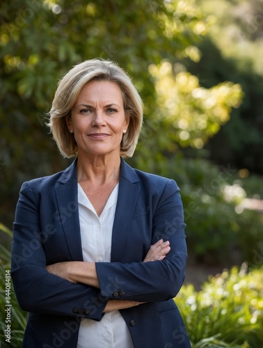 A woman in a blue blazer stands confidently with her arms crossed, looking directly at the camera photo