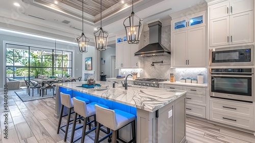 A modern kitchen island with a granite countertop and bar stools in a new home © Multiverse