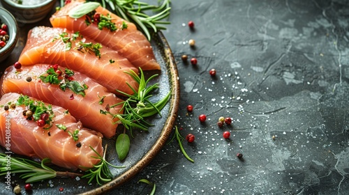 Top view of raw salmon slices decorated with lush green herbs and vibrant peppercorns