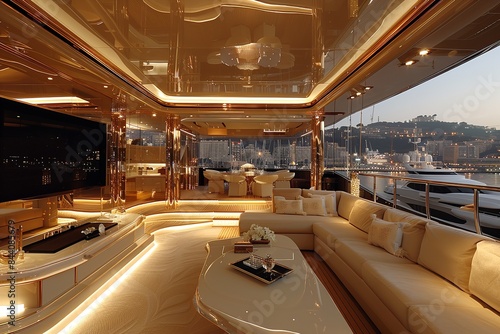 The interior of a luxury yacht featuring large windows with views of a city skyline and a spacious lounge area