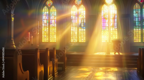 A serene church interior with sunlight streaming through stained glass windows, depicting scenes from the life of Jesus photo