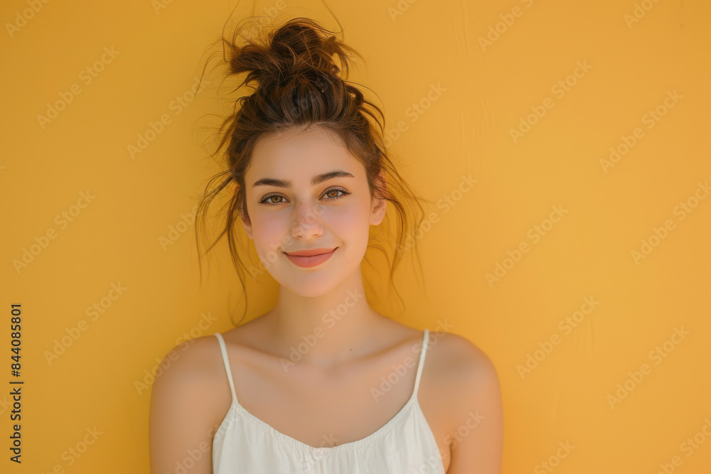 A close up portrait of a young woman with a subtle smile A close up portrait of a young woman with a subtle smile