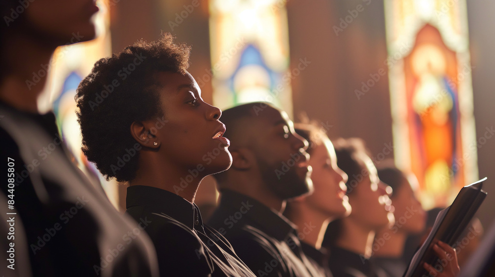 A peaceful scene of a church choir singing during a service, their voices lifting in harmony A peaceful scene of a church choir singing during a service, their voices lifting in harmony