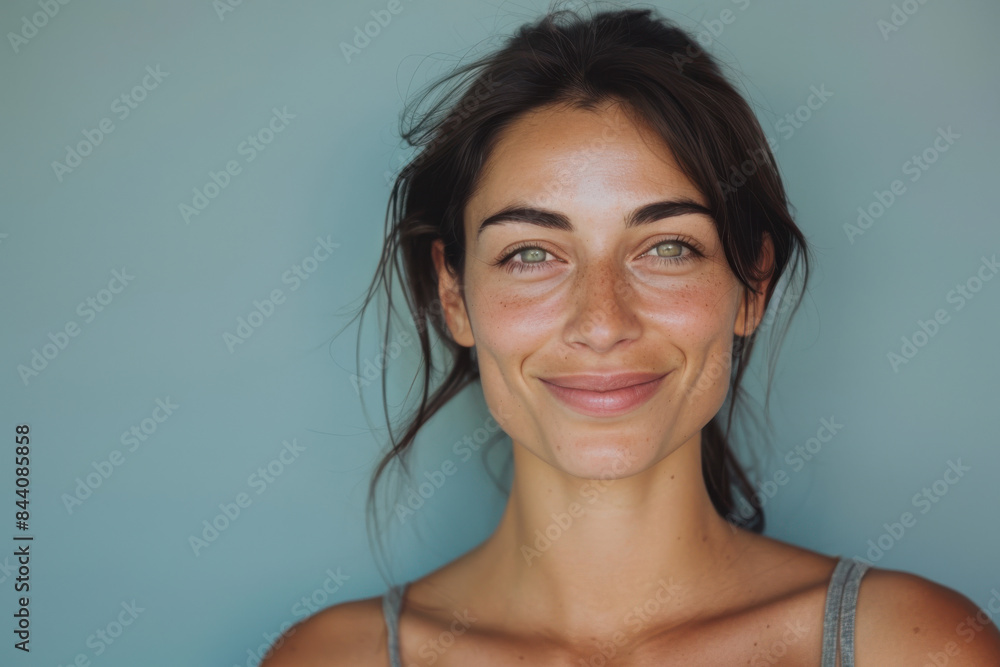 A close up portrait of a young woman with a subtle smile A close up portrait of a young woman with a subtle smile