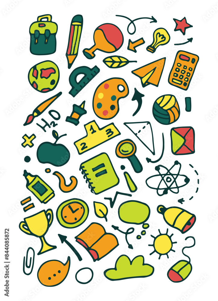 Back to school vector set of bright elements. Educational clipart. School supplies. Cute flat style classroom objects. Ready for school stuff. Back to school. Vector illustration Back to school vector set of bright elements. Educational clipart. School supplies. Cute flat style classroom objects. Ready for school stuff. Back to school. Vector illustration