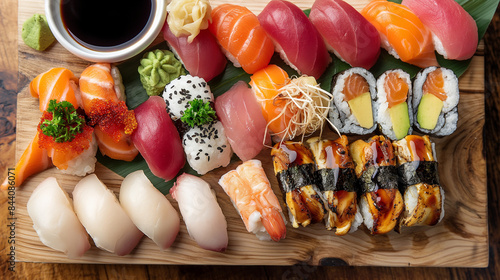 A gourmet sushi platter with an assortment of nigiri, sashimi, and maki rolls, artfully arranged with wasabi, pickled ginger, and soy sauce, in a minimalist Japanese restaurant