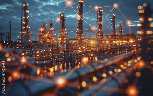 Network solutions for gas exploration, side view with interconnected nodes and industrial elements, showcasing advanced connectivity for technical efficiency.