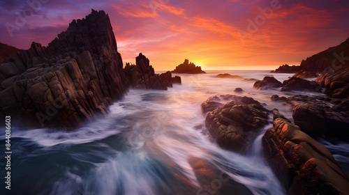 Long exposure of a long exposure of a beautiful sunset over a rocky beach