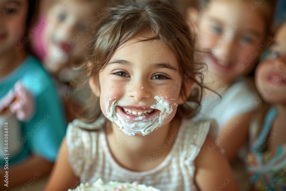 Smiling Girl With Cake Frosting at a Birthday Party Smiling Girl With Cake Frosting at a Birthday Party