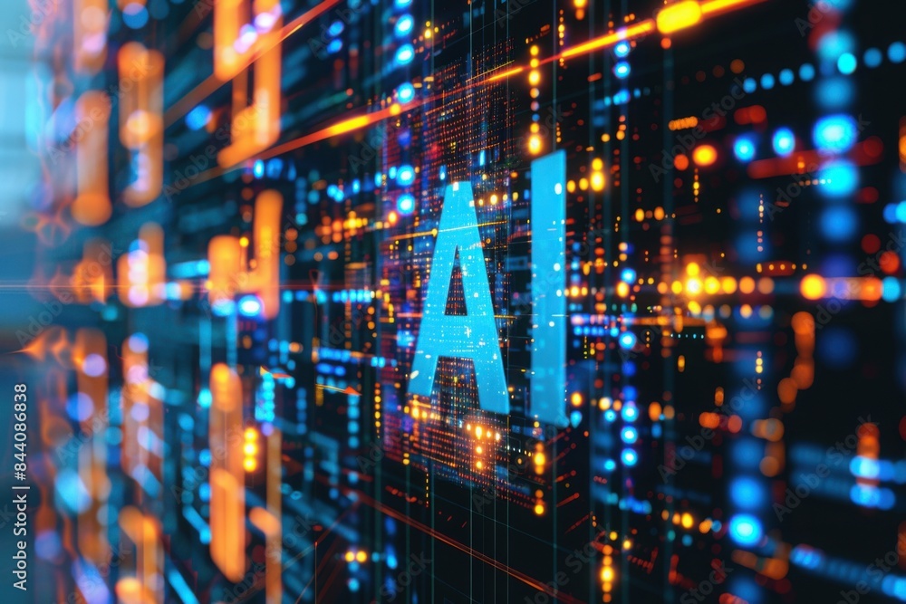 The word AI with a digital matrix background The word AI with a digital matrix background