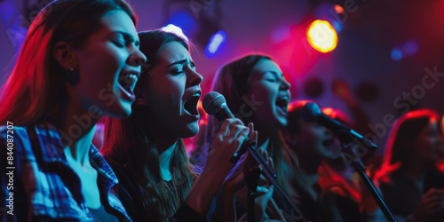 Group of singers performing on stage with colorful lights