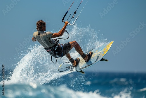 Thrilling Windsurfer Soaring in Dynamic Action against Clear Blue Sky photo