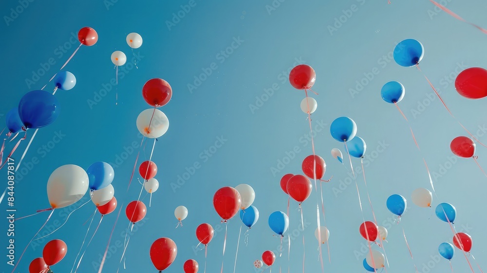 Patriotic balloon release into a clear blue sky, marking Independence Day celebrations Patriotic balloon release into a clear blue sky, marking Independence Day celebrations
