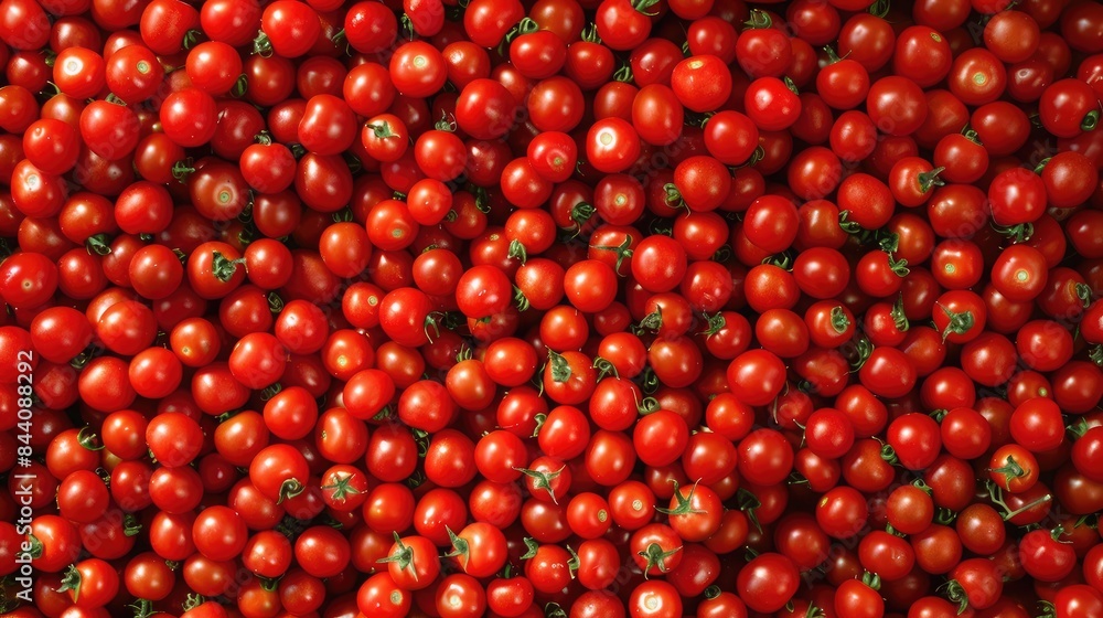 Red cherry tomatoes densely packed, providing a rich and textured background Red cherry tomatoes densely packed, providing a rich and textured background
