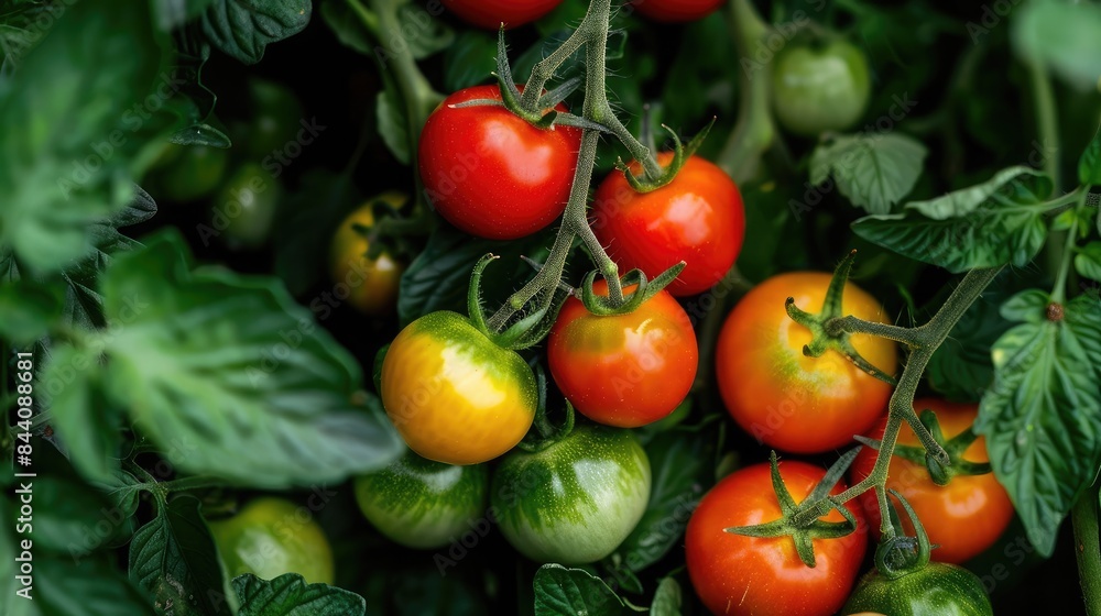 Variety of tomatoes on the vine, forming a natural and lush background Variety of tomatoes on the vine, forming a natural and lush background