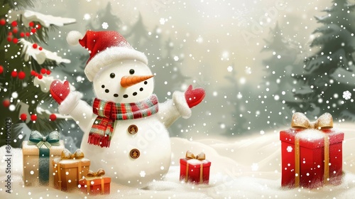 Christmas - cute snowman with gifts for happy christmas and new year festival wallpaper © sania