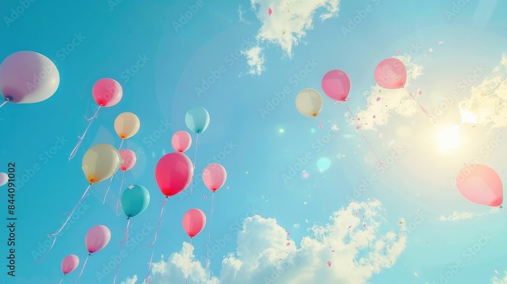 Colorful balloons flying in the blue sky