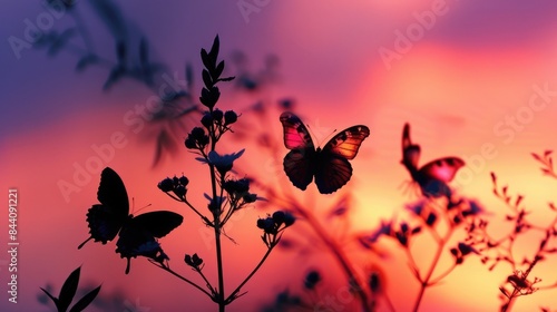 Close-up of silhouette butterflies perching on plants against sky during sunset