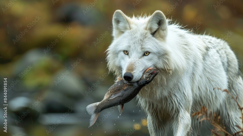 White wolf holding prey in its mouth against a natural backdrop White wolf holding prey in its mouth against a natural backdrop
