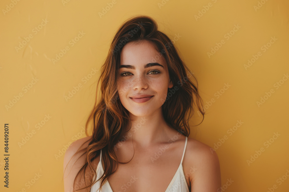 A close up portrait of a young woman with a subtle smile A close up portrait of a young woman with a subtle smile
