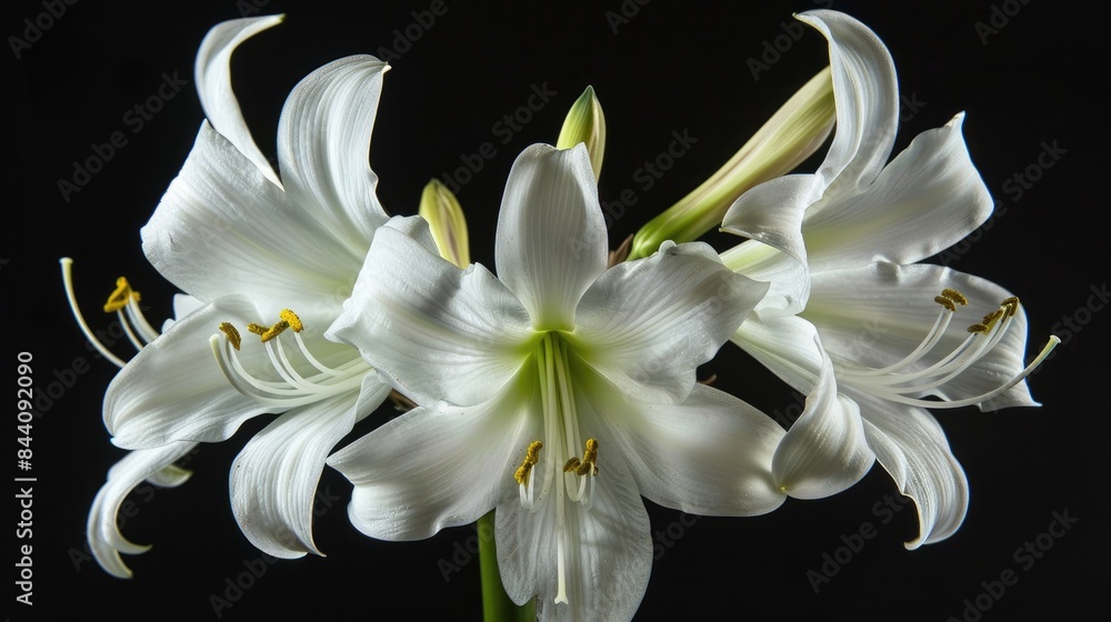 Beautiful White Crinum Lily isolated on a dark background with clipping path Beautiful White Crinum Lily isolated on a dark background with clipping path