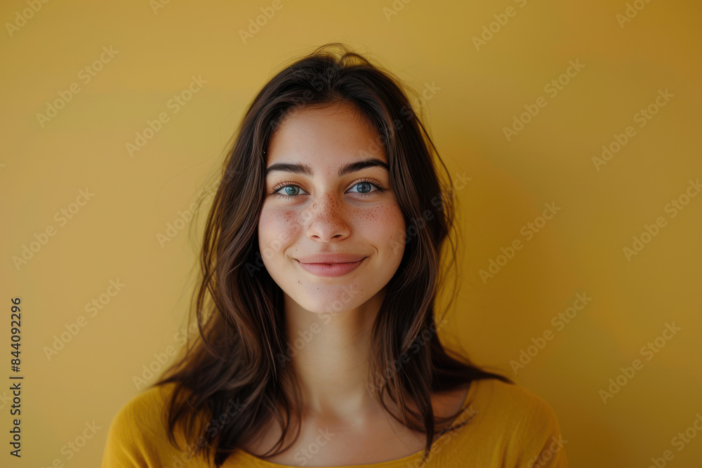 A close up portrait of a young woman with a subtle smile A close up portrait of a young woman with a subtle smile