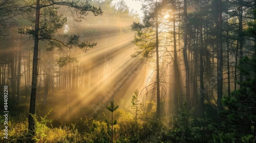 Spectacular sun rays shining through woods and tree in the dense forest. Green and lust forest on a beautiful summer day